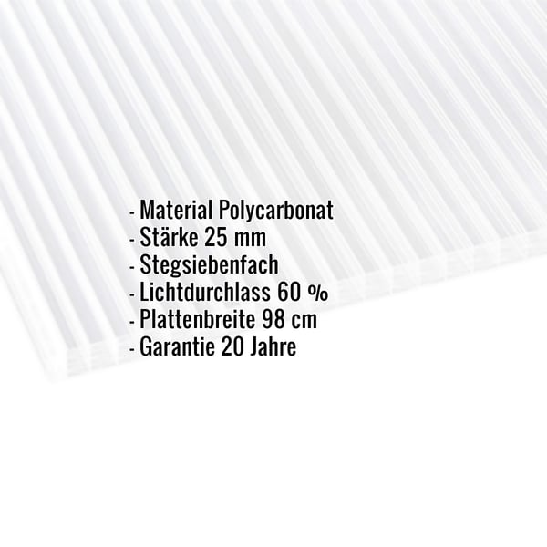 Polycarbonat Stegplatte 25 mm klar, Detailansicht mit eingeblendeten Eckdaten zu Material, Stärke, Steg und Lichtdurchlass