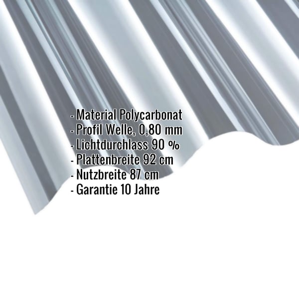 Polycarbonat Wellplatte 177/51 klar, 0,80 mm Staerke, mit eingeblendeten Eckdaten zu Material und Massen