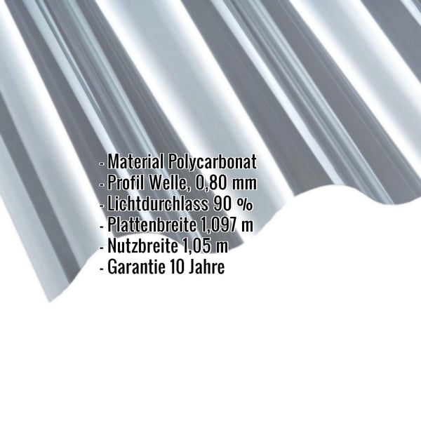 Polycarbonat Wellplatte | 177/51 | Profil 6 | 0,80 mm | Klar | 2,50 m