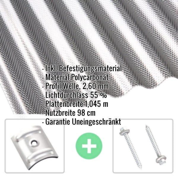 Polycarbonat Wellplatte | 76/18 | Sparpaket | 2,60 mm | Graphit | Wabenstruktur | Breite 8,89 m | Länge 4,00 m