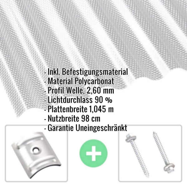 Polycarbonat Wellplatte | 76/18 | Sparpaket | 2,60 mm | Klar | Wabenstruktur | Breite 4,97 m | Länge 2,50 m