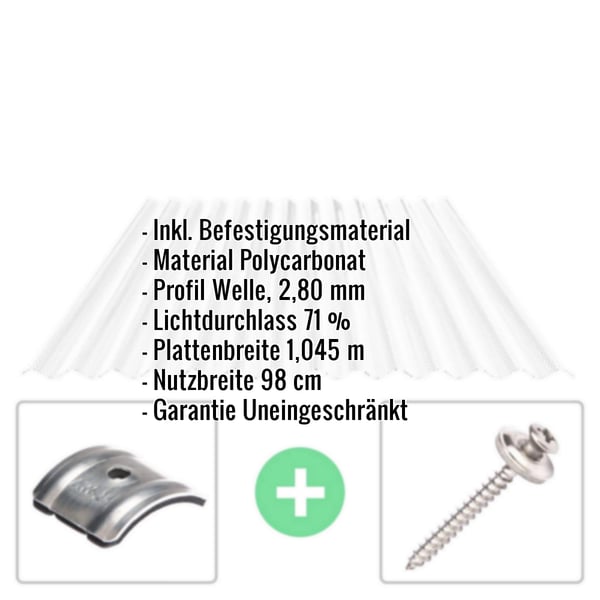 Polycarbonat Wellplatte 76/18 klar mit eingeblendeten Produktdaten und Befestigungsmaterial