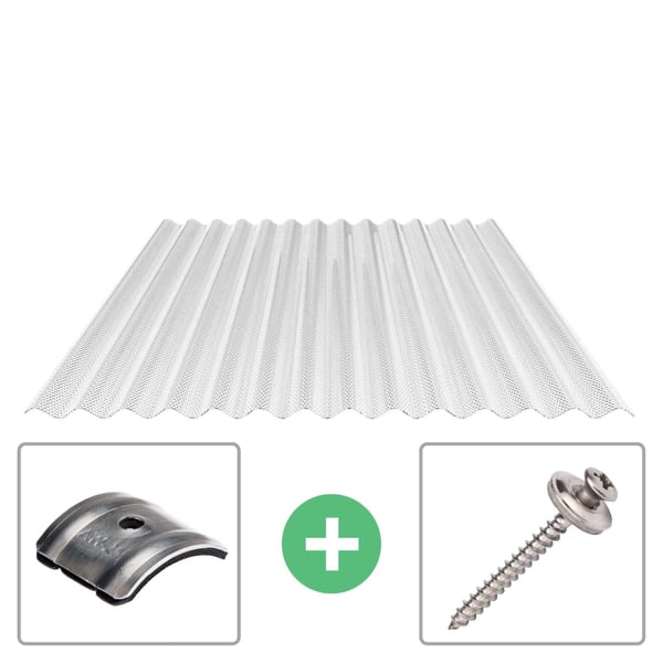 Polycarbonat Wellplatte 76/18 klar mit Befestigungsmaterial, bestehend aus Abstandhalter und Schraube