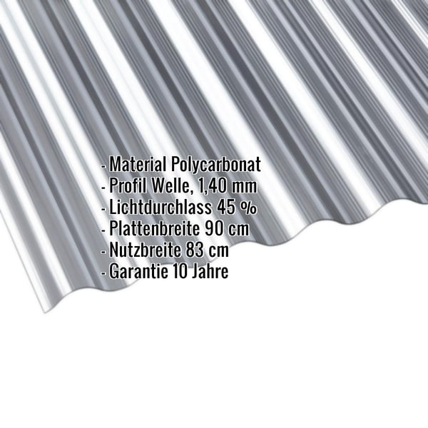 Polycarbonat Wellplatte 76/18, 1,40 mm, anthrazit, mit eingeblendeten Produktdaten