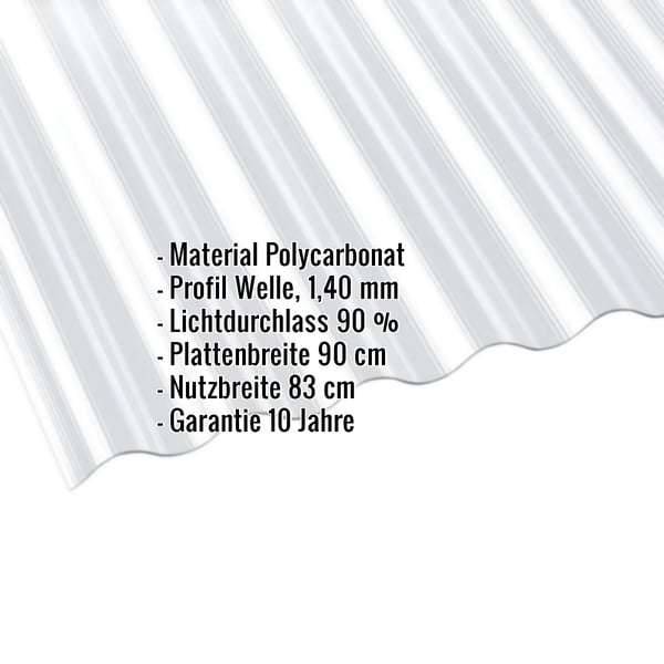 Polycarbonat Wellplatte 76/18, klar, 1,40 mm, mit eingeblendeten technischen Daten