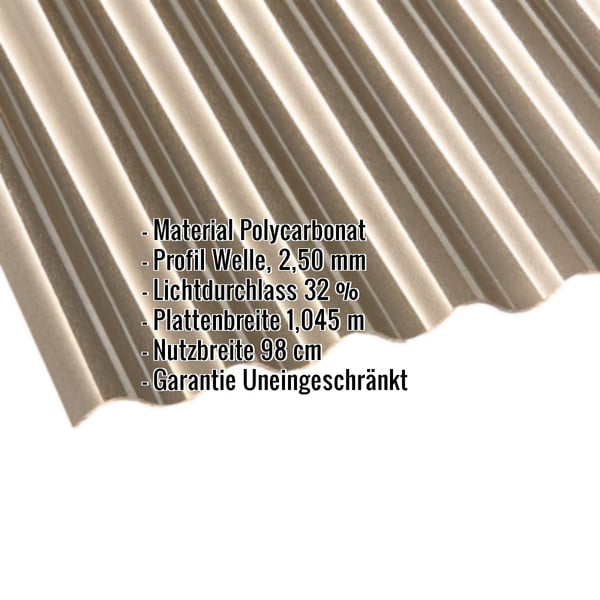 Polycarbonat Wellplatte 76/18, 2,50 mm, bronze, mit eingeblendeten Eckdaten