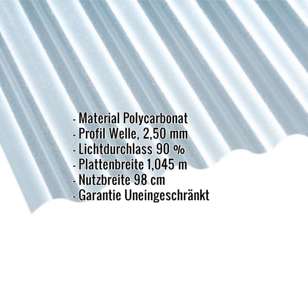 Polycarbonat Wellplatte 76/18, klar, 2,50 mm, mit eingeblendeten Produktdaten