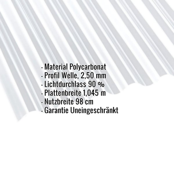 Polycarbonat Wellplatte klar 2,50 mm, mit eingeblendeten Eckdaten zu Material, Profil, Lichtdurchlass, Platten- und