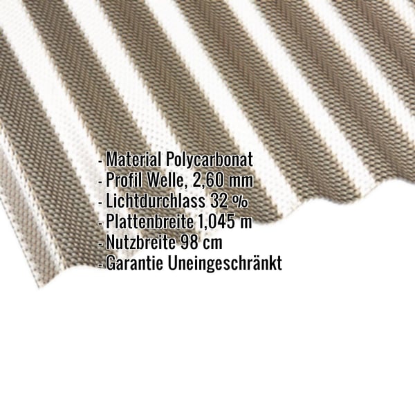 Polycarbonat Wellplatte 76/18, 2,60 mm, bronze, mit eingeblendeten Eckdaten zu Material und Profil