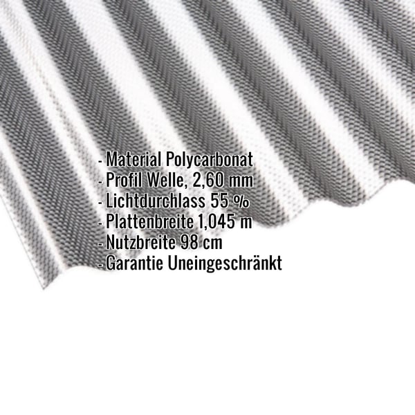 Polycarbonat Wellplatte 2,60 mm, Graphit, mit eingeblendeten Eckdaten zu Material, Profil und Masse