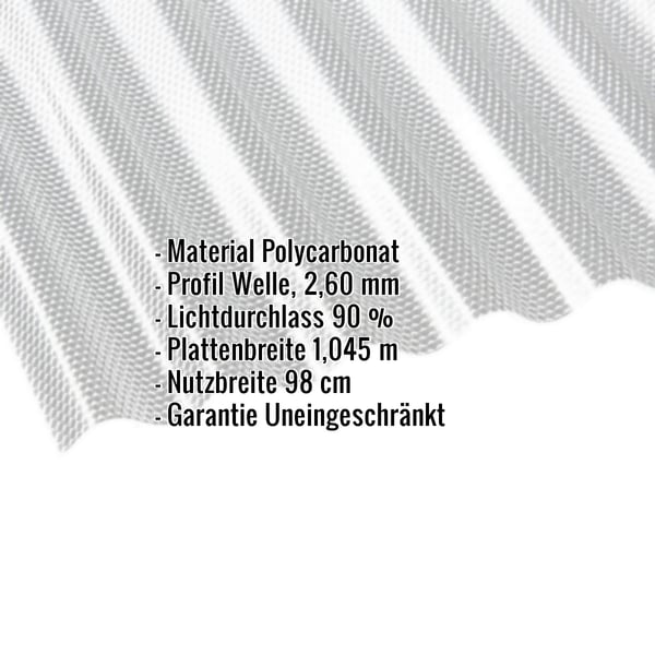 Polycarbonat Wellplatte 2,60 mm klar, mit eingeblendeten technischen Daten wie Material, Profil, Lichtdurchlass