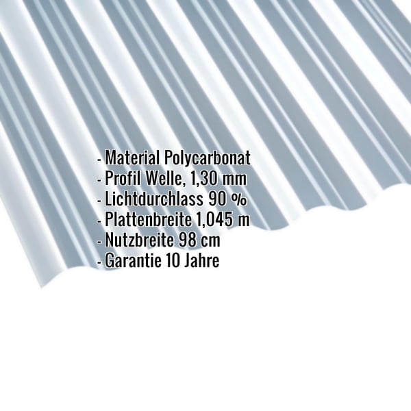 Polycarbonat Wellplatte 76/18, klar, 1,30 mm, mit eingeblendeten Eckdaten zu Material, Profil und Garantie