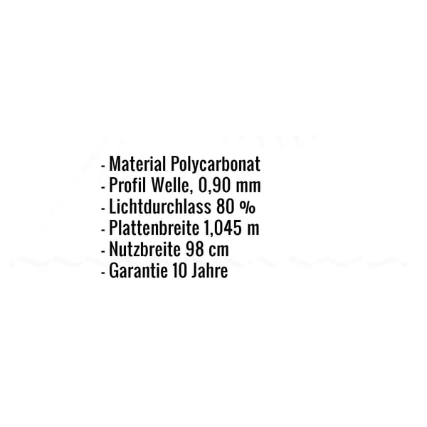 Infografik: Eckdaten der Polycarbonat Wellplatte 76/18, 0,90 mm, Opal-Weiß, mit Material und Garantie