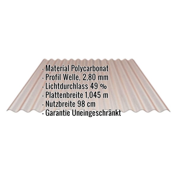 Polycarbonat Wellplatte 76/18, 2,80 mm, bronze, mit eingeblendeten Eckdaten zu Material, Profil und Masse