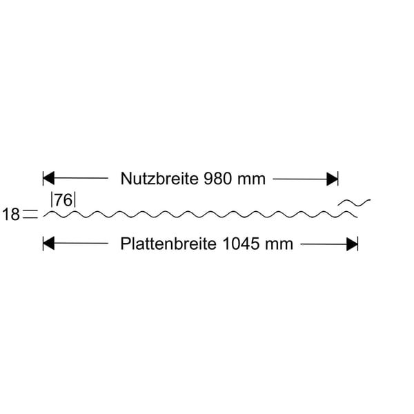 Technische Zeichnung der Polycarbonat Wellplatte 76/18 mit Nutzbreite 980 mm und Plattenbreite 1045 mm