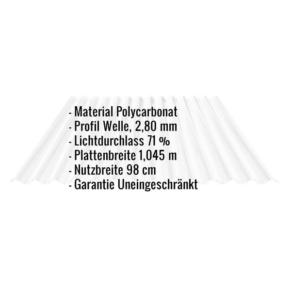 Infografik: Polycarbonat Wellplatte 76/18, 2,80 mm klar, mit eingeblendeten technischen Daten und Eigenschaften