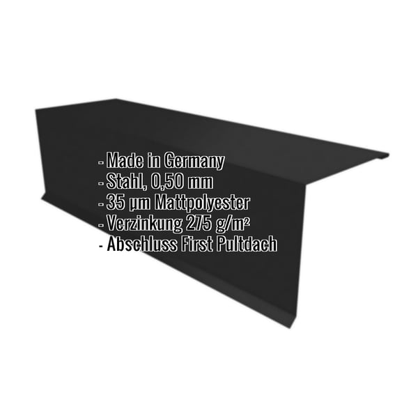 Pultabschluss Stahl schwarz 0,50 mm mit eingeblendeten Produktdetails wie Material, Stärke und Beschichtung