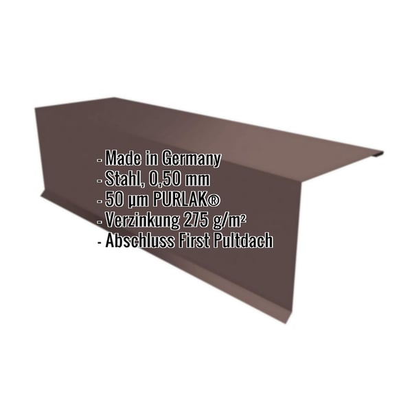 Pultabschluss aus schokoladenbraunem Stahl, 0,50 mm, PURLAK® 50 µm Beschichtung, mit eingeblendeten Eckdaten