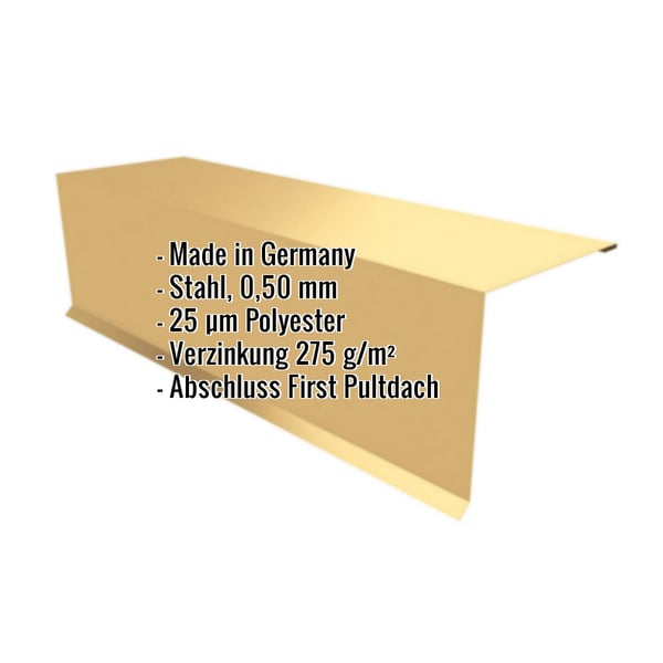 Pultabschluss Sandgelb RAL 1002 aus Stahl 0,50 mm, mit eingeblendeten Eckdaten
