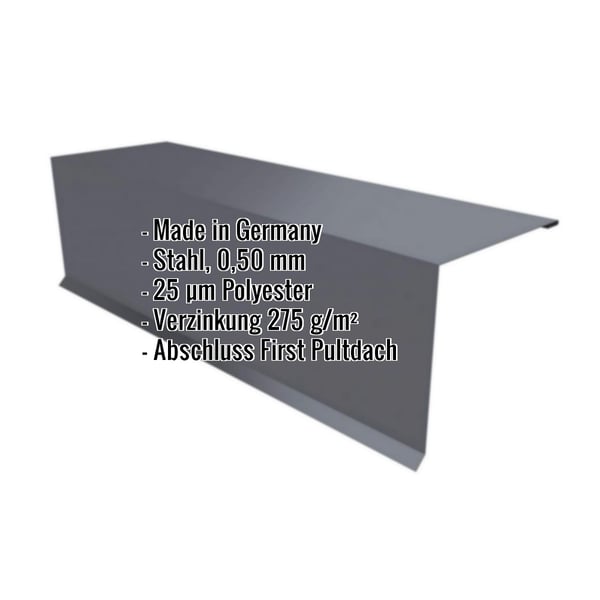 Pultabschluss Graphitgrau RAL 7024, Stahl 0,50 mm, Polyester 25 µm, mit eingeblendeten Eckdaten