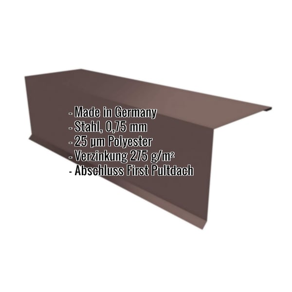 Pultabschluss Schokoladenbraun RAL 8017, 0,75 mm Stahl, mit eingeblendeten Eckdaten