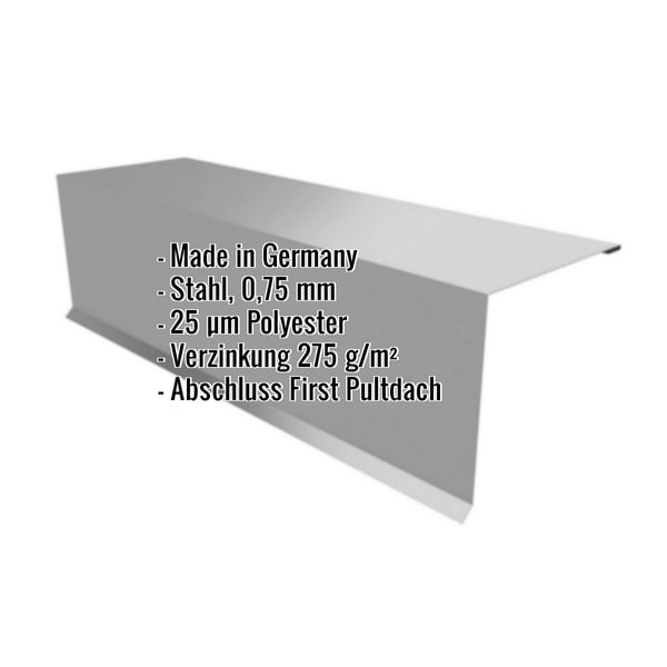 Pultabschluss aus Stahl, Graualuminium RAL 9007, 0,75 mm Stärke, mit eingeblendeten Eckdaten