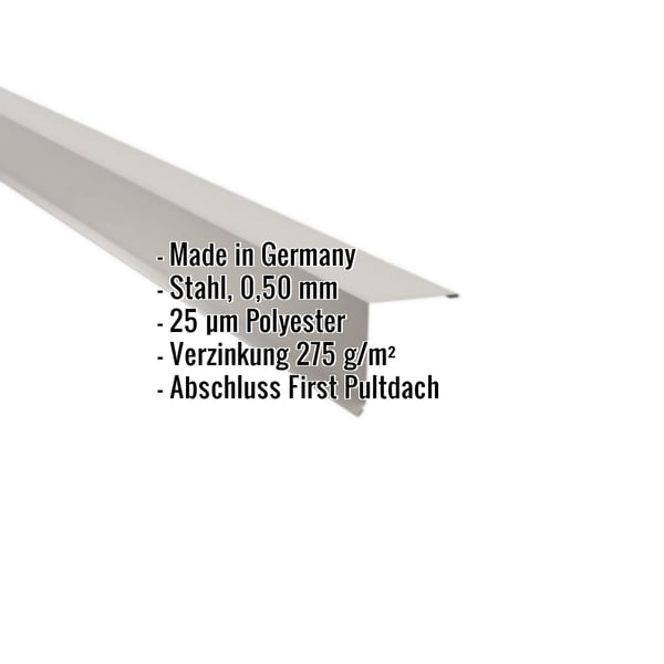 Pultabschluss Lichtgrau RAL 7035, 0,50 mm Stahl, mit eingeblendeten Eckdaten