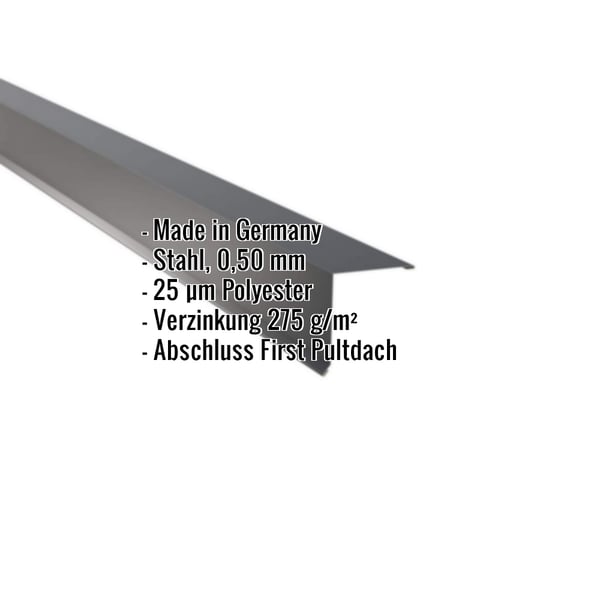 Pultabschluss aus anthrazitgrauem Stahl, 0,50 mm, mit Polyesterbeschichtung und eingeblendeten Eckdaten