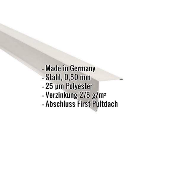 Pultabschluss aus Stahl, Reinweiß, mit eingeblendeten Eckdaten zu Material, Stärke und Beschichtung