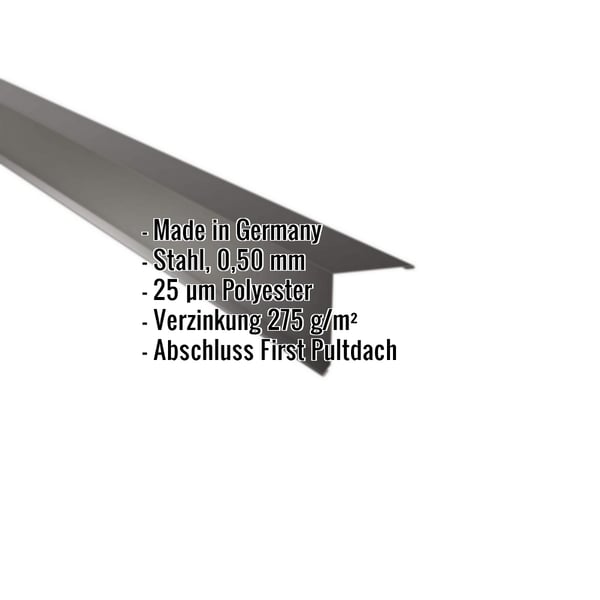 Pultabschluss Tiefschwarz RAL 9005, Stahl 0,50 mm, mit eingeblendeten Eckdaten