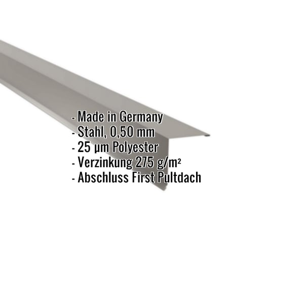 Pultabschluss aus Stahl, Graualuminium RAL 9007, mit eingeblendeten Eckdaten wie Material und Staerke