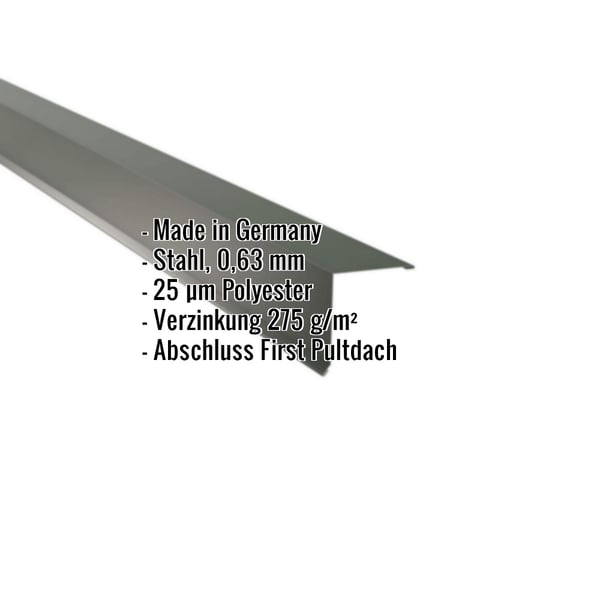 Pultabschluss Chromoxidgrün (RAL 6020) aus Stahl, 0,63 mm, mit Polyesterbeschichtung und eingeblendeten Eckdaten
