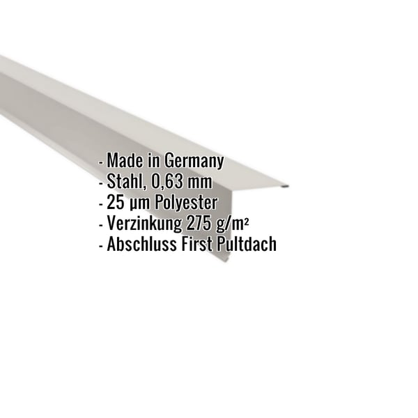 Pultabschluss aus Stahl, Grauweiß RAL 9002, mit eingeblendeten Eckdaten zu Material, Stärke und Beschichtung