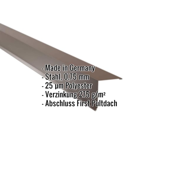 Pultabschluss Nussbraun RAL 8011 aus Stahl 0,75 mm mit 25 µm Polyesterbeschichtung, Eckdaten eingeblendet