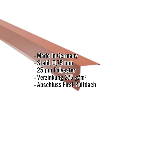 Pultabschluss Kupferbraun (RAL 8004) aus Stahl 0,75 mm, mit Polyesterbeschichtung, Eckdaten eingeblendet