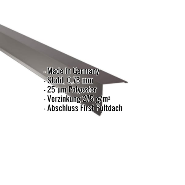 Pultabschluss Stahl 0,75 mm Schokoladenbraun RAL 8017 mit eingeblendeten Eckdaten
