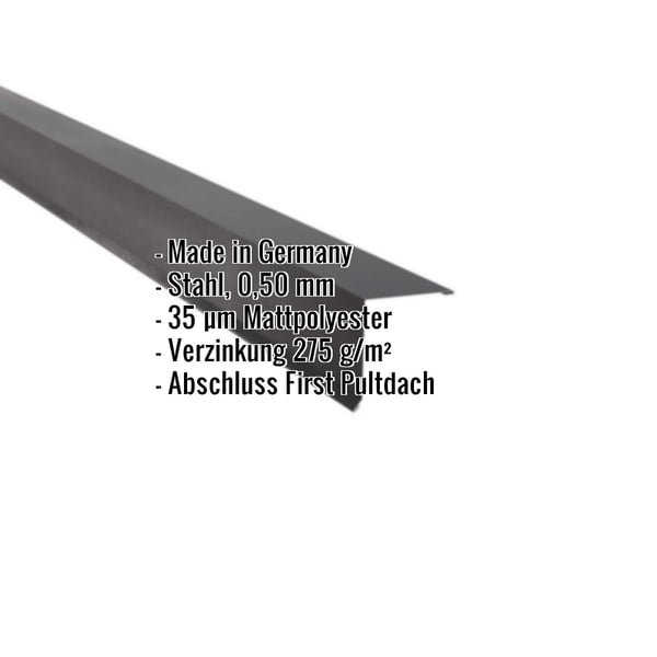 Pultabschluss dunkelgrau, 0,50 mm Stahl, 35 µm Mattpolyester, mit eingeblendeten Eckdaten