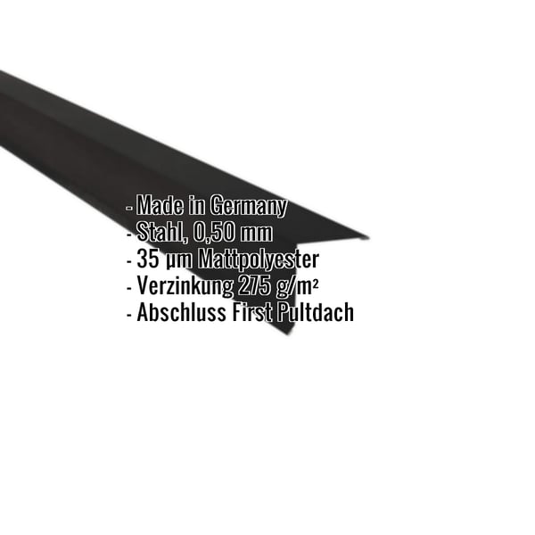 Pultabschluss aus Stahl, schwarz matt, mit eingeblendeten Eckdaten wie Material und Beschichtung