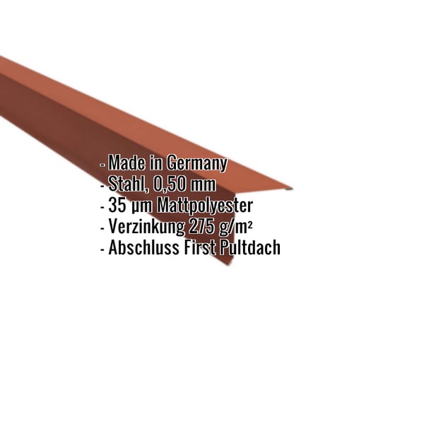 Pultabschluss Ziegelrot, Stahl 0,50 mm, 35 µm Mattpolyester, mit eingeblendeten Eckdaten