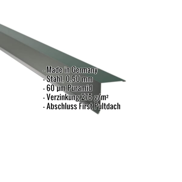 Pultabschluss aus moosgrünem Stahl, 0,50 mm, Puramid beschichtet, mit eingeblendeten Eckdaten