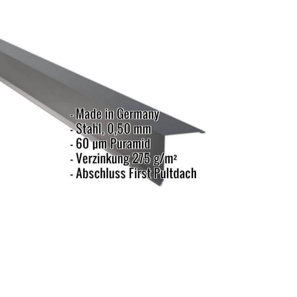 Pultabschluss aus Stahl, Anthrazitgrau RAL 7016, 0,50 mm, mit eingeblendeten Produktdaten
