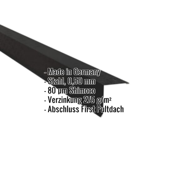 Pultabschluss Tiefschwarz RAL 9005 aus Stahl 0,50 mm mit Shimoco Beschichtung und eingeblendeten Eckdaten