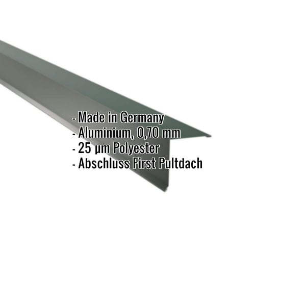 Pultabschluss Aluminium 0,70 mm Moosgrün, schräg von oben, mit eingeblendeten Eckdaten
