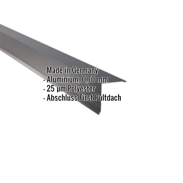 Pultabschluss Aluminium Anthrazitgrau RAL 7016 mit eingeblendeten Eckdaten zu Material, Staerke und Beschichtung