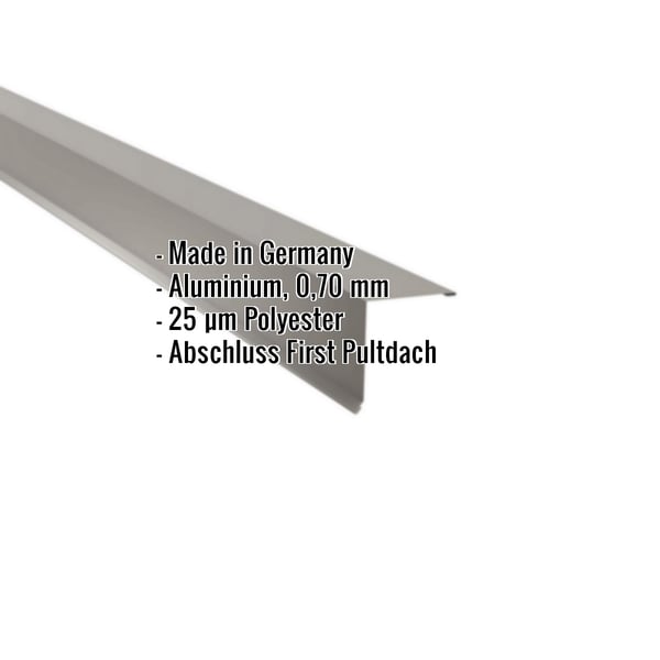 Pultabschluss Graualuminium RAL 9007 mit eingeblendeten Eckdaten: Aluminium 0,70 mm, 25 µm Polyester, Made in Germany