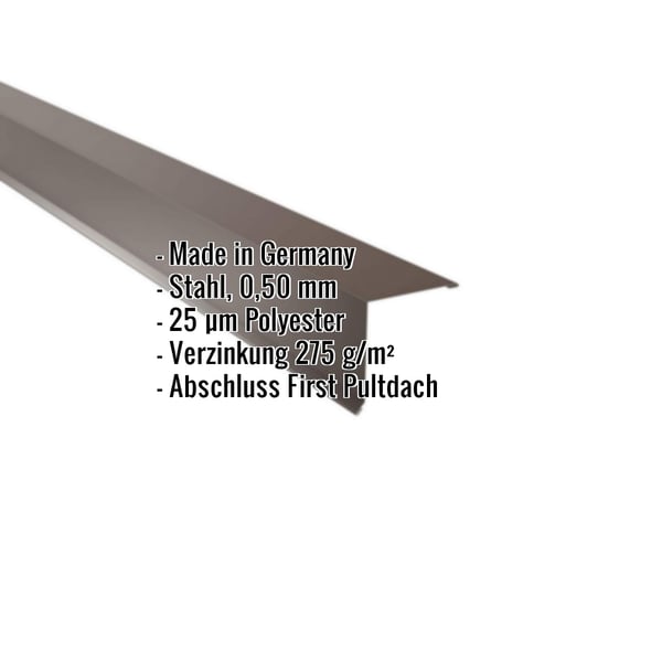 Pultabschluss aus Stahl, sepiabraun, mit eingeblendeten Eckdaten zu Material, Staerke und Beschichtung