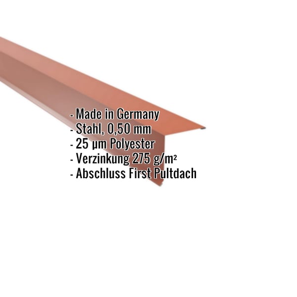 Pultabschluss aus kupferbraunem Stahl, 0,50 mm, mit Polyesterbeschichtung, Eckdaten eingeblendet