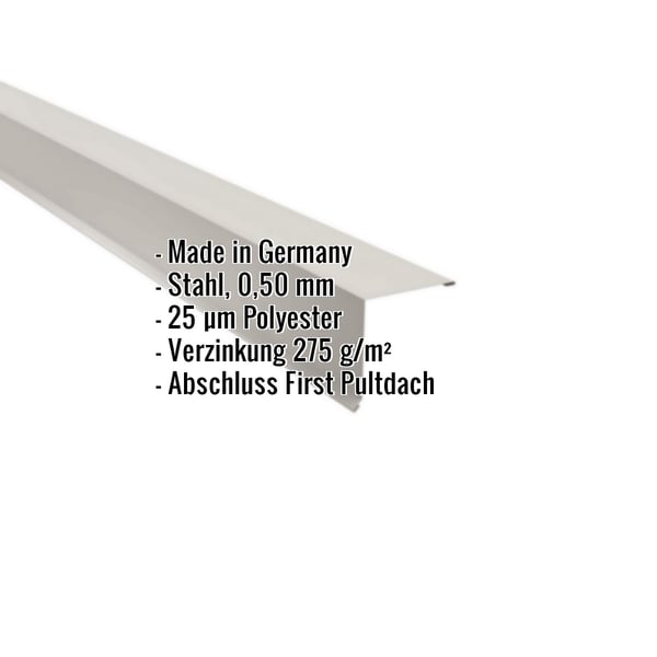 Pultabschluss aus Stahl, Grauweiß (RAL 9002), 0,50 mm, mit 25 µm Polyesterbeschichtung, Eckdaten eingeblendet