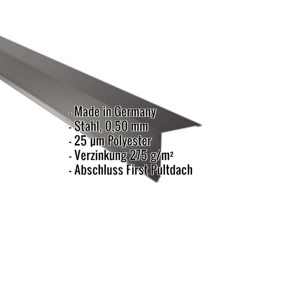 Pultabschluss aus Stahl, tiefschwarz, mit eingeblendeten Eckdaten wie Material, Staerke und Beschichtung