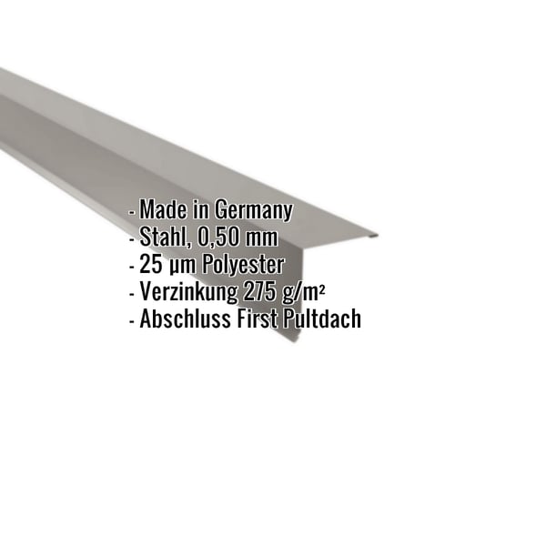 Pultabschluss aus Stahl, Graualuminium RAL 9007, 0,50 mm, mit eingeblendeten Eckdaten